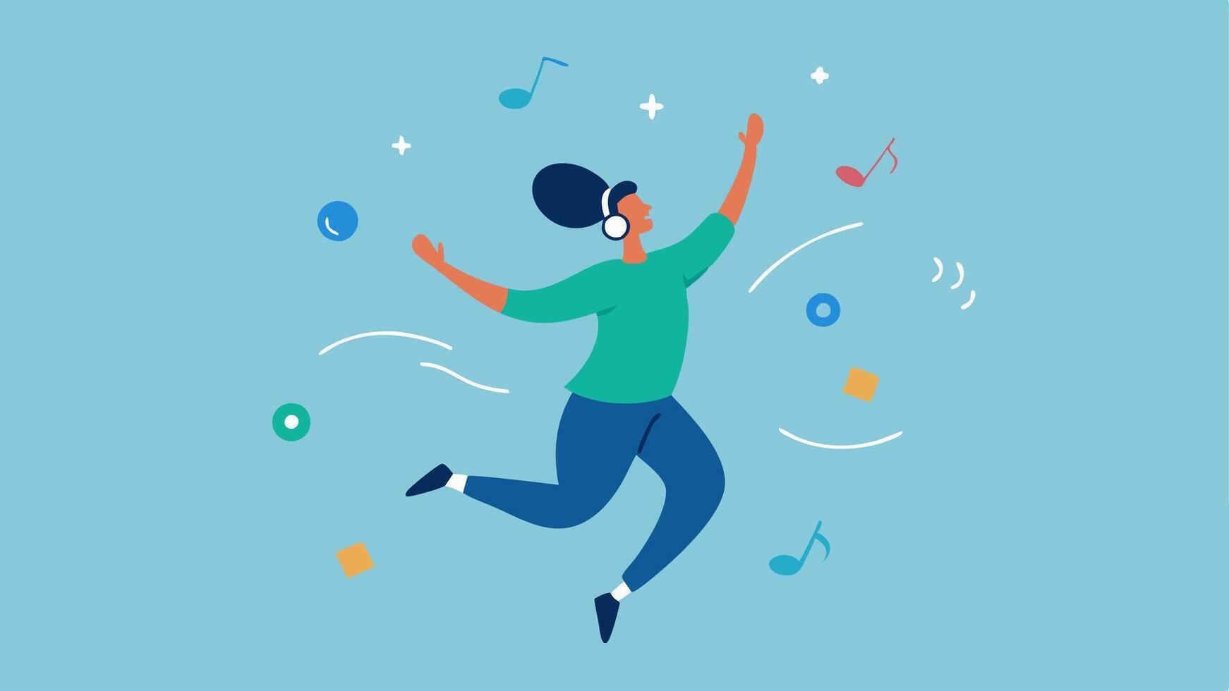 Euphoria Stream A person jumping joyfully with musical notes and serotonin symbols swirling around symbolizing the euphoric feelings associated with balanced serotonin levels.. vector