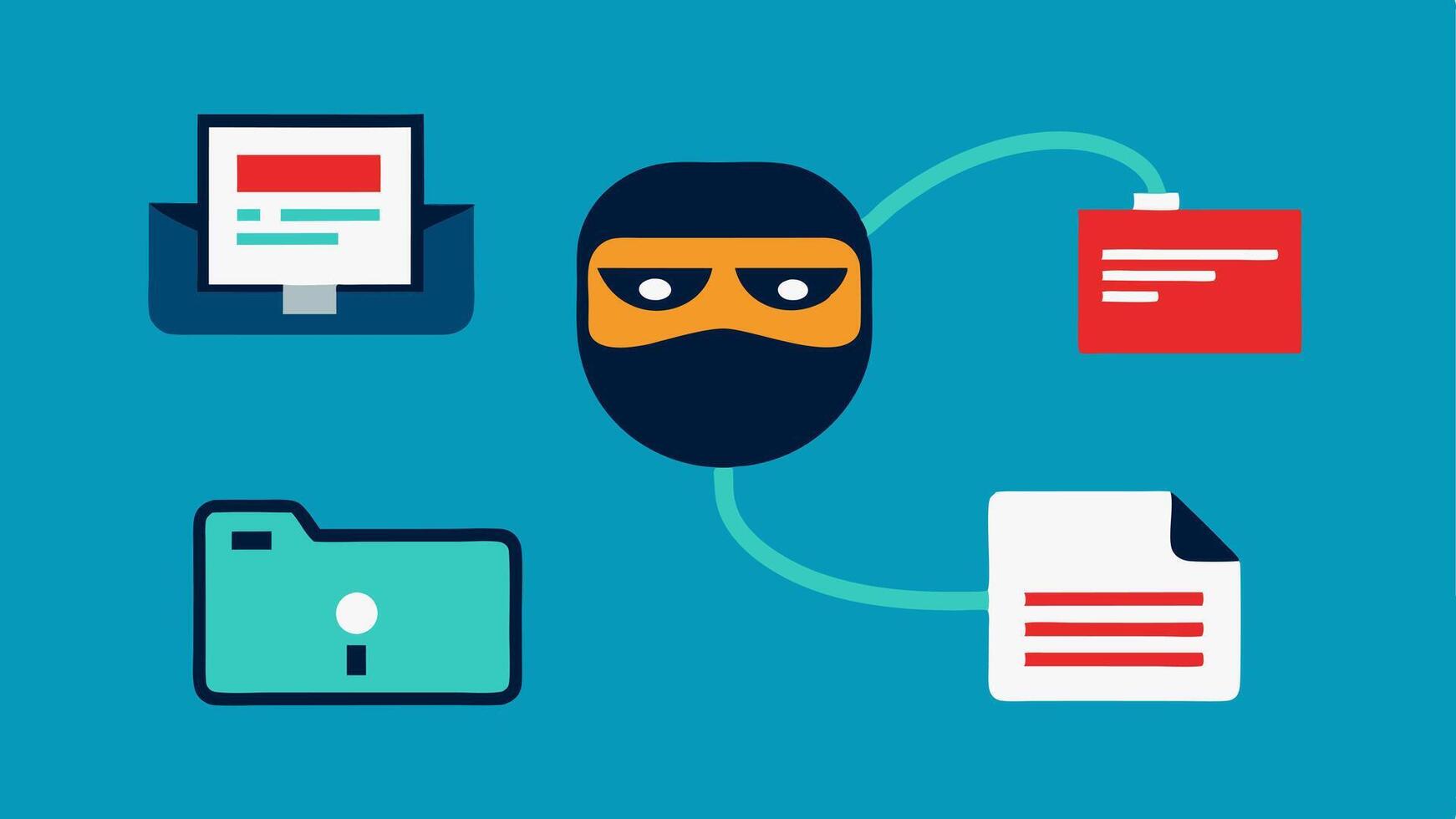 Masked Data Transmission Icons of data like files and being sent through a cable with a mask over it the concerns of transmitting personal information safely. vector