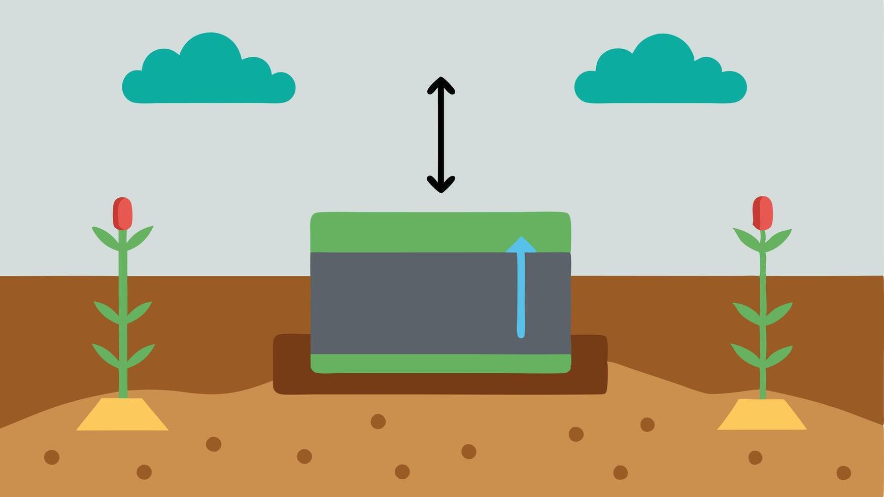Nutrient Sensor Depict a rectangular sensor resting on the ground with arrows indicating the detection of nitrogen phosphorus and potassium levels in the nearby soil.. vector