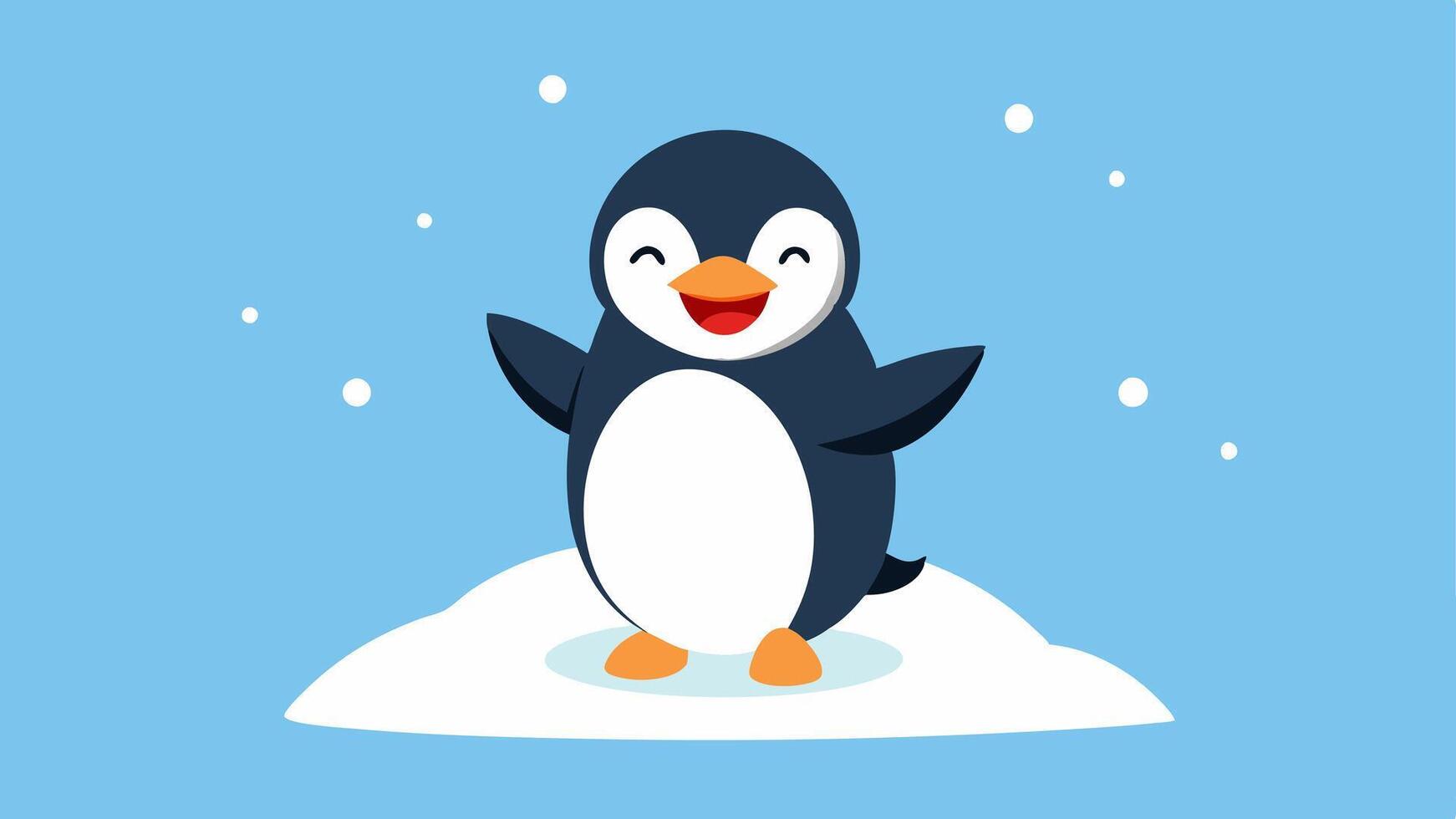 Snowy Celebration A delighted penguin standing on a small snowbank its head tilted back and mouth open in a hearty laugh. The penguins flippers are raised above its head and small. vector