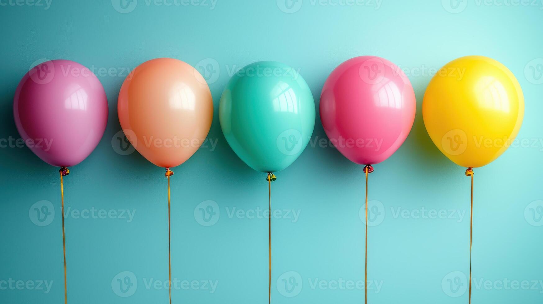 Colorful balloons in pastel shades are lined up against bright turquoise background, creating cheerful and festive atmosphere perfect for celebrations photo