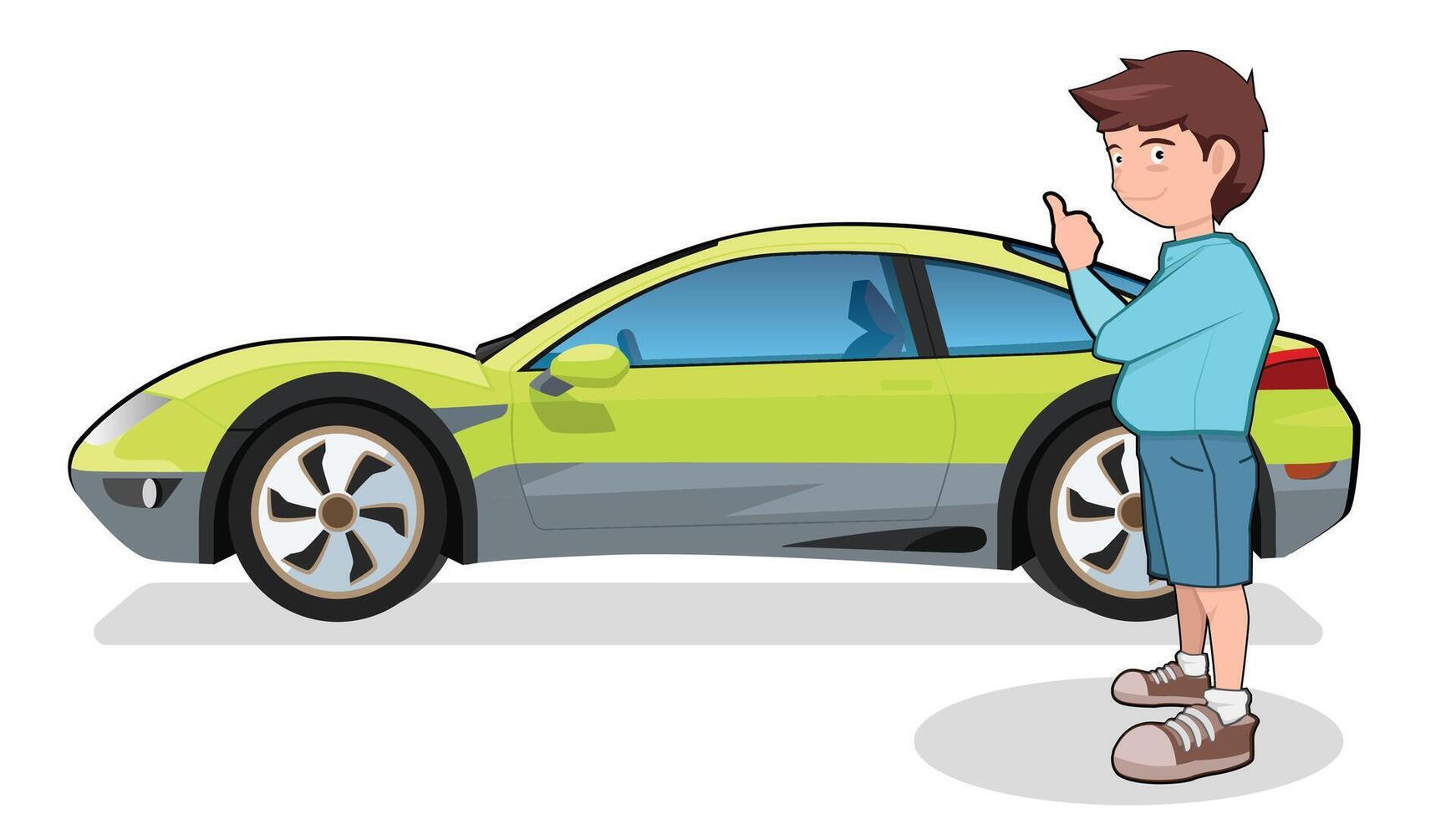 Person standing a car standing next to a light green sports car. Pointing at the car with challenge. Focusing on the person and the car. isolated on white background. vector