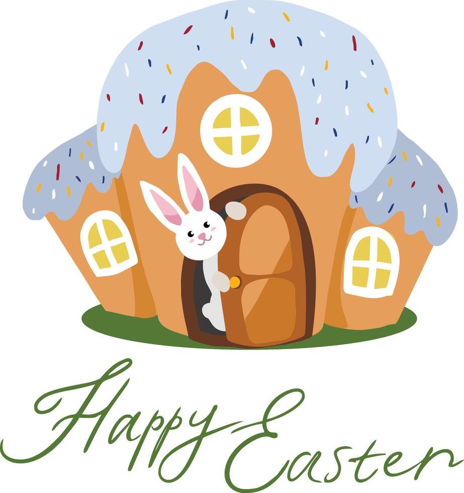 easter bunny and his house in the form of a cake vector