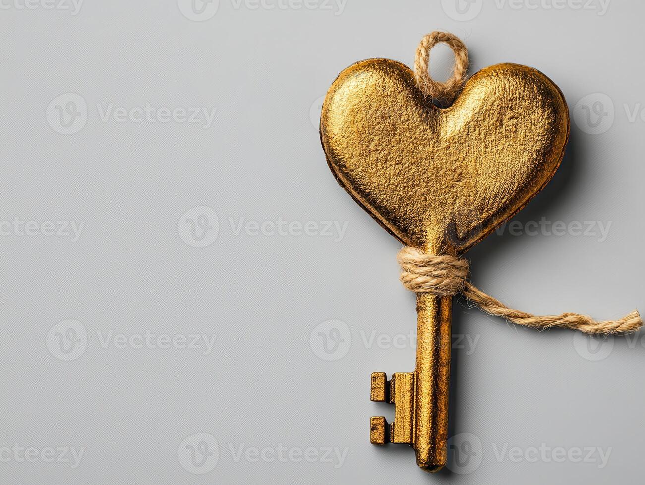 golden heart shaped key symbolizes love and connection, beautifully crafted with rustic twine. This unique design evokes feelings of warmth and affection, perfect for romantic themes photo