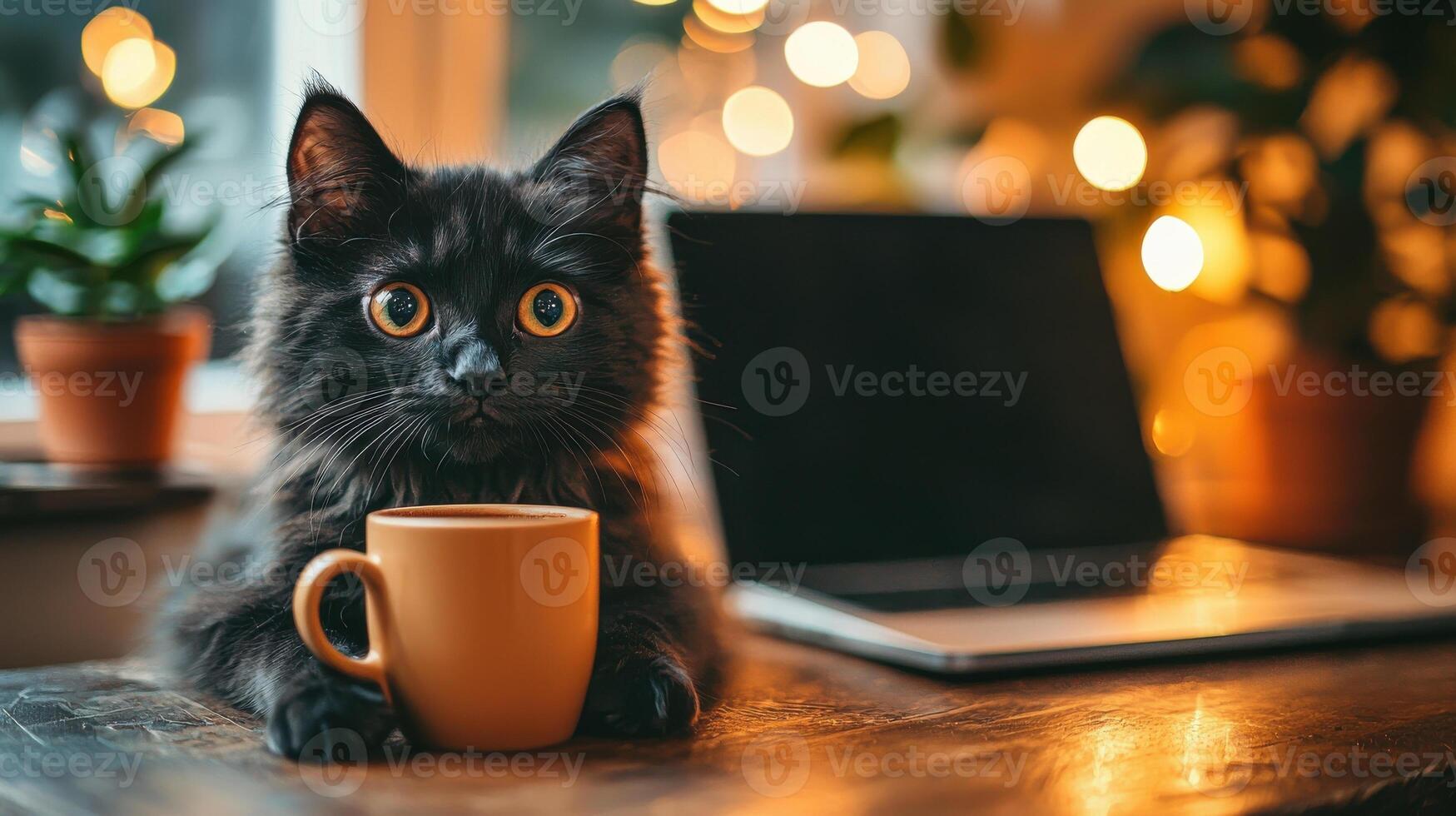 charming black cat with striking orange eyes sits on wooden table, curiously gazing at small orange cup. background features soft bokeh lights and laptop, creating cozy atmosphere photo