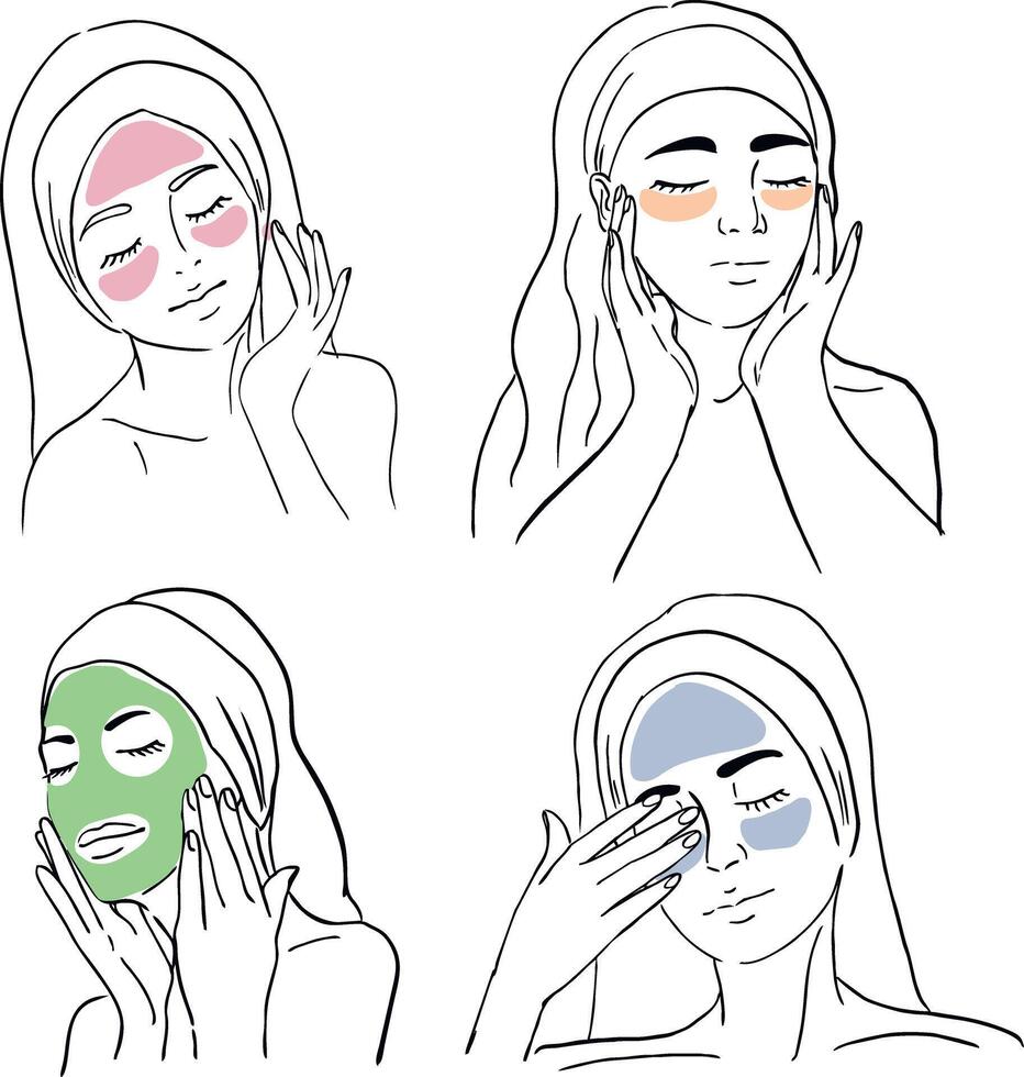 a set of illustrations contour girl applies a mask vector