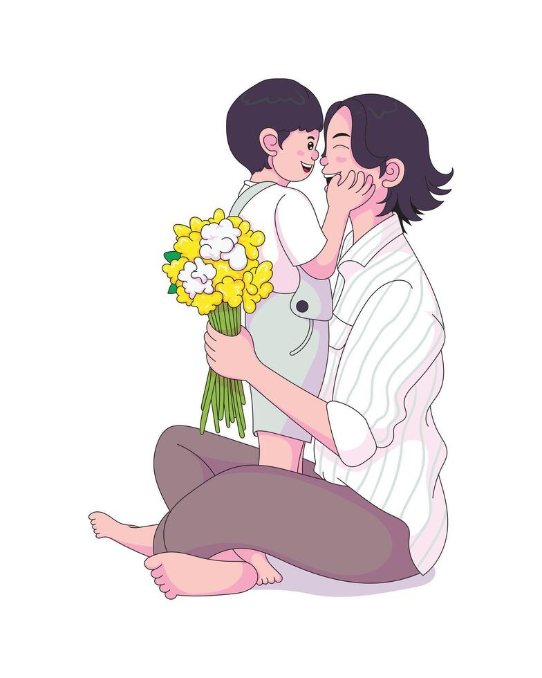 Happy mother receiving a beautiful bouquet of flowers from her smiling son, celebrating warm Mother's Day vector