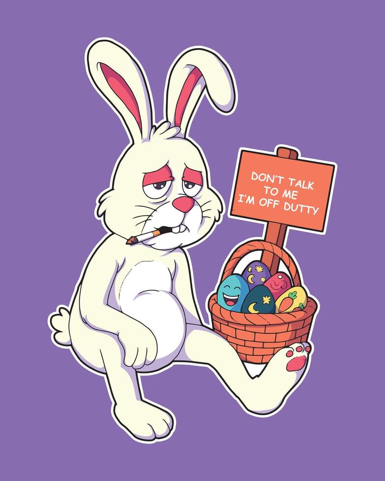 Exhausted Easter Bunny rests with whimsical eggs, floppy ears, and a cheeky off duty sign nearby vector