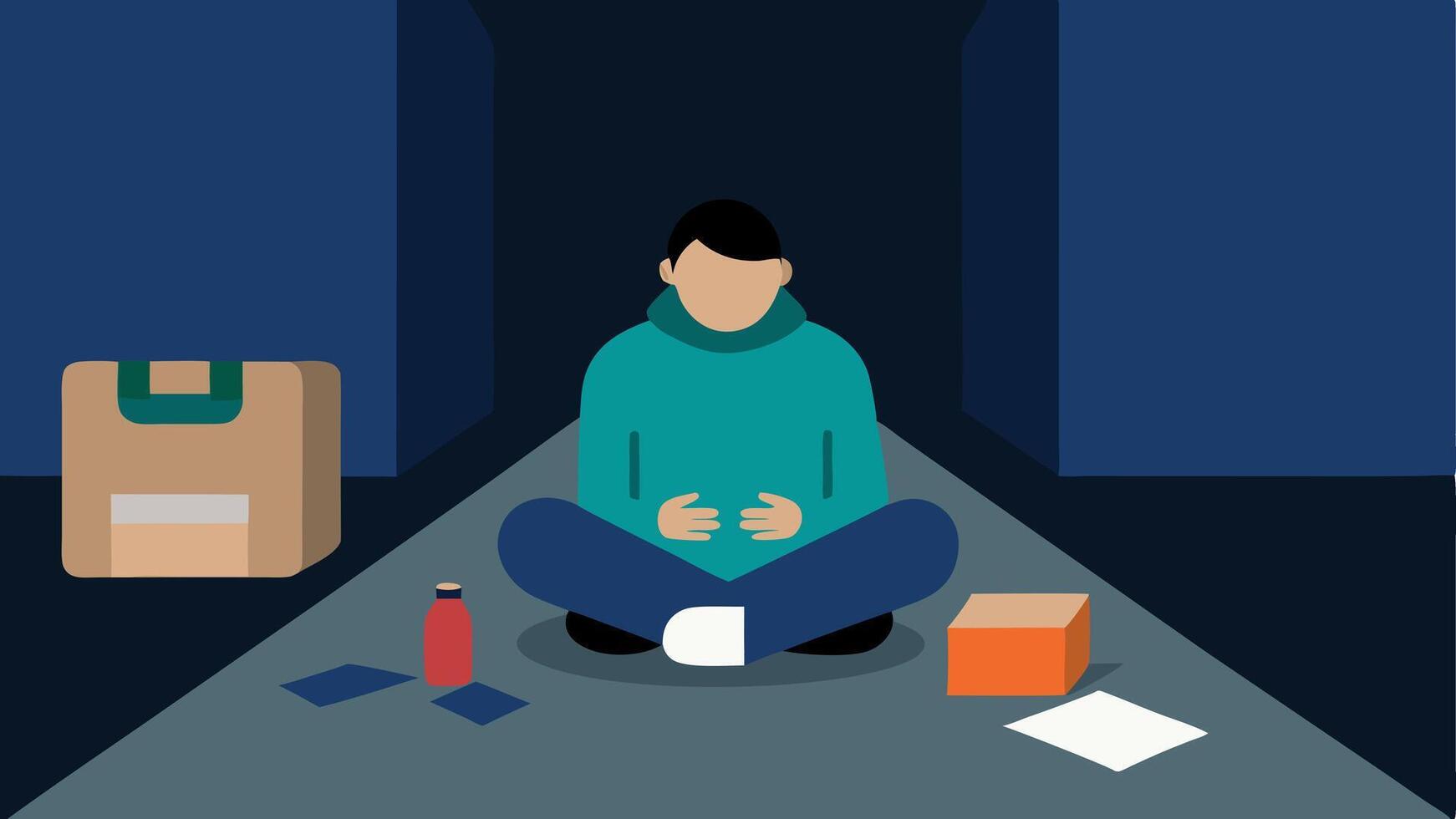 Underpass Dweller A figure sitting against a wall in an underpass with a makeshift bed of cardboard and a few personal items tered around.. vector