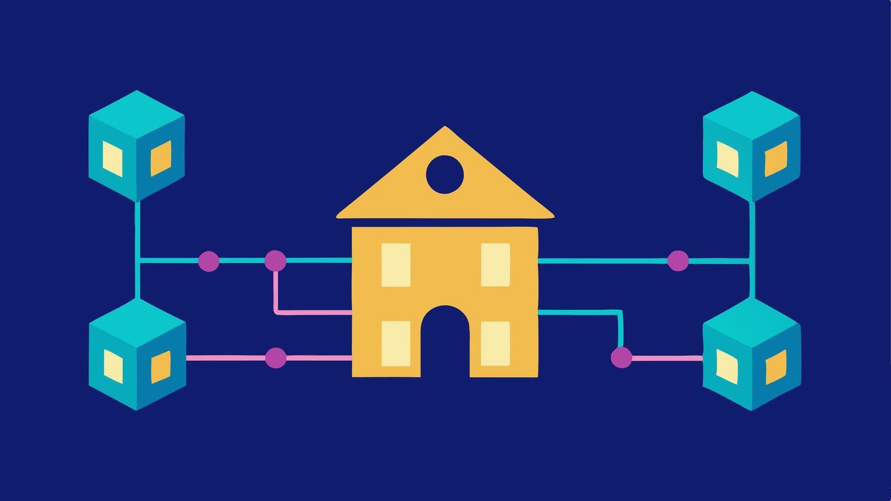 House and Blockchain Chain Links An illustration depicting a stylized house connected to a series of blockchain links representing the connection between real estate and blockchain. vector