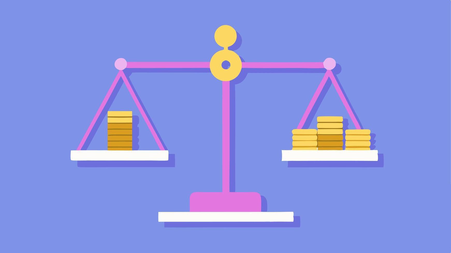 Wage Gap Scale A simple of a balance scale. On one side a stack of coins labeled Men is higher than a shorter stack labeled Women visually ing the wage gap.. vector