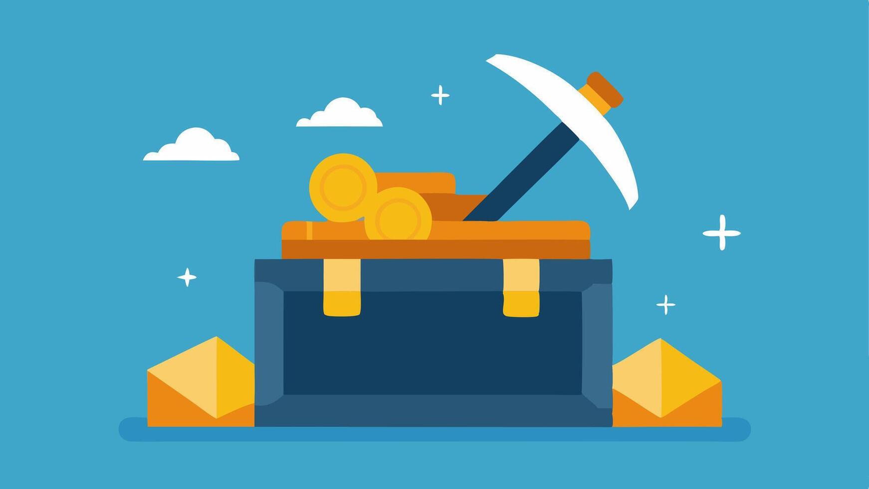 Mining Rewards Coins being poured from a digital pickaxe into a treasure box representing the rewards earned from successful mining operations.. vector