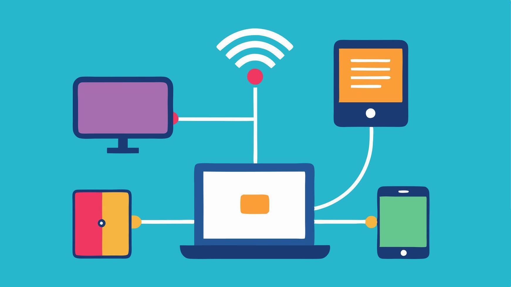 Multidevice Synchronization An illustration of various devices tablet smartphone laptop all connected wirelessly sharing personalized language learning content via AI.. vector