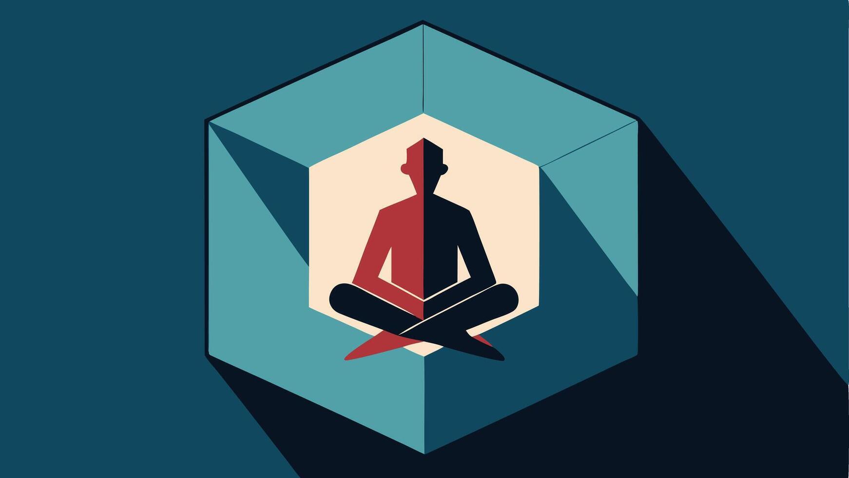 Illustration 5 Yearning for Escape A person depicted in a minimalist style sits crosslegged inside a cube. Their head is tilted upwards as if looking towards the sky. Outside the. vector