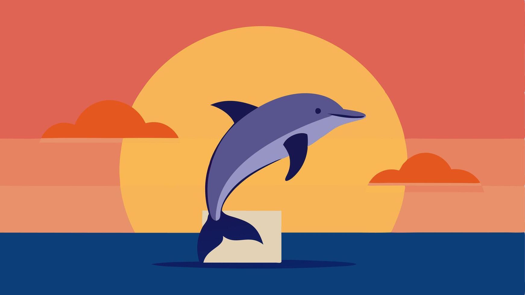 Sunset Delivery Adventure The dolphin jumps out of the water at sunset with a package elegantly balanced on its back. The rays of the setting sun reflect off its smooth skin. vector