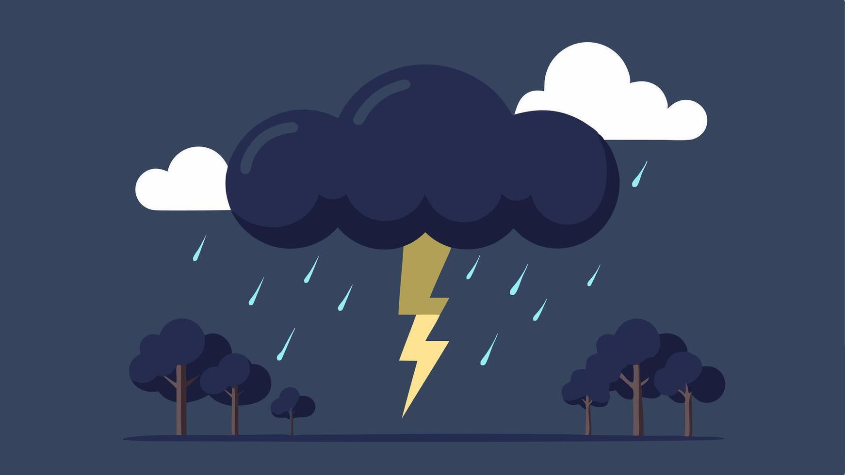 Lightning Storm An showing dark storm clouds illuminated by flashes of lightning with rain pouring down and trees bending in the wind.. vector