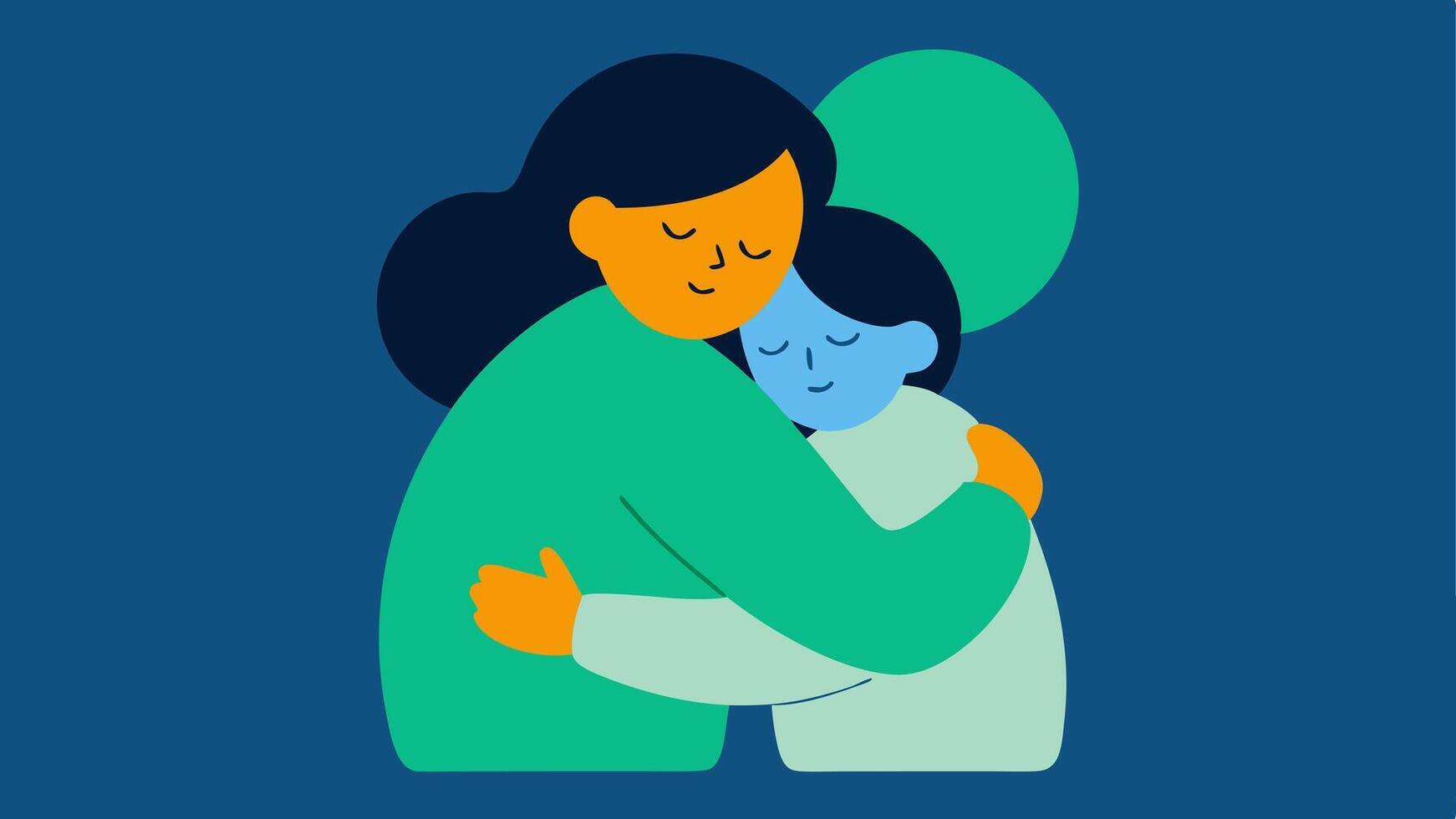 Comfort Zone A hug between two characters representing the safe nurturing relationships that help in healing and overcoming past traumas.. vector