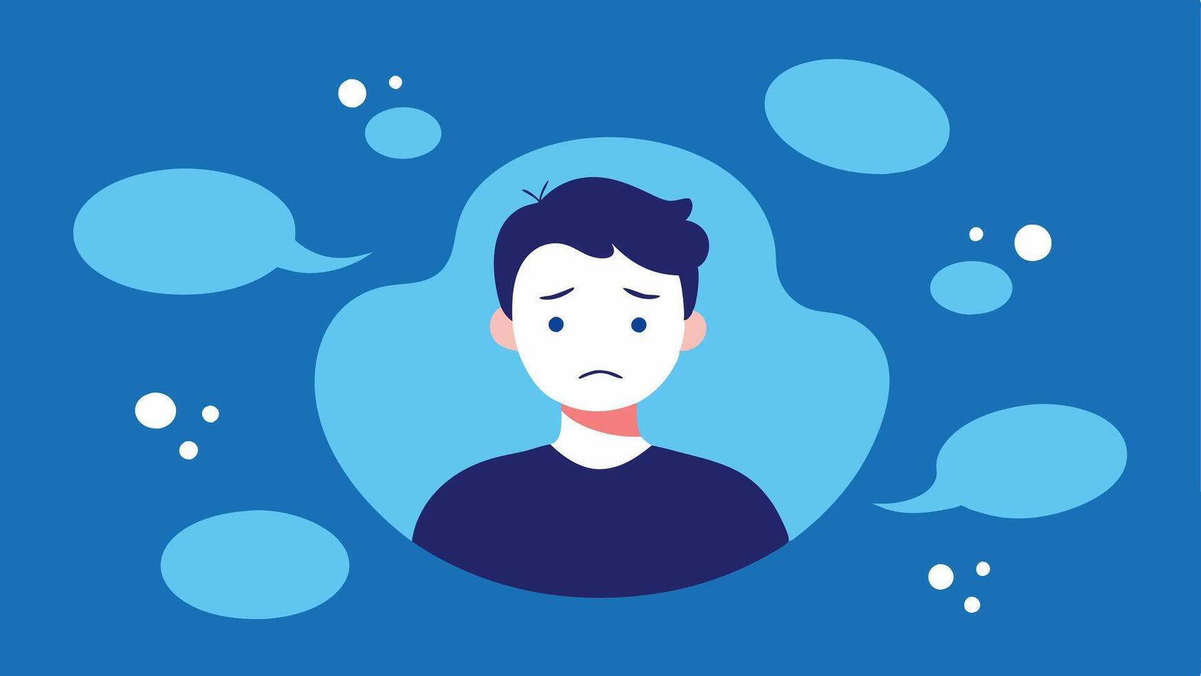 Drowning in Thoughts A figure submerged in water labeled with negative thoughts e.g. Ill never succeed showing how overwhelming thoughts can drown personal aspirations.. vector