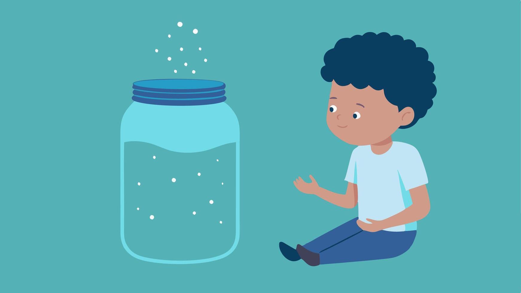Calm Down Jar A clear jar filled with water and glitter. A child is shaking the jar and watching the glitter settle illustrating how to calm down and focus their mind.. vector