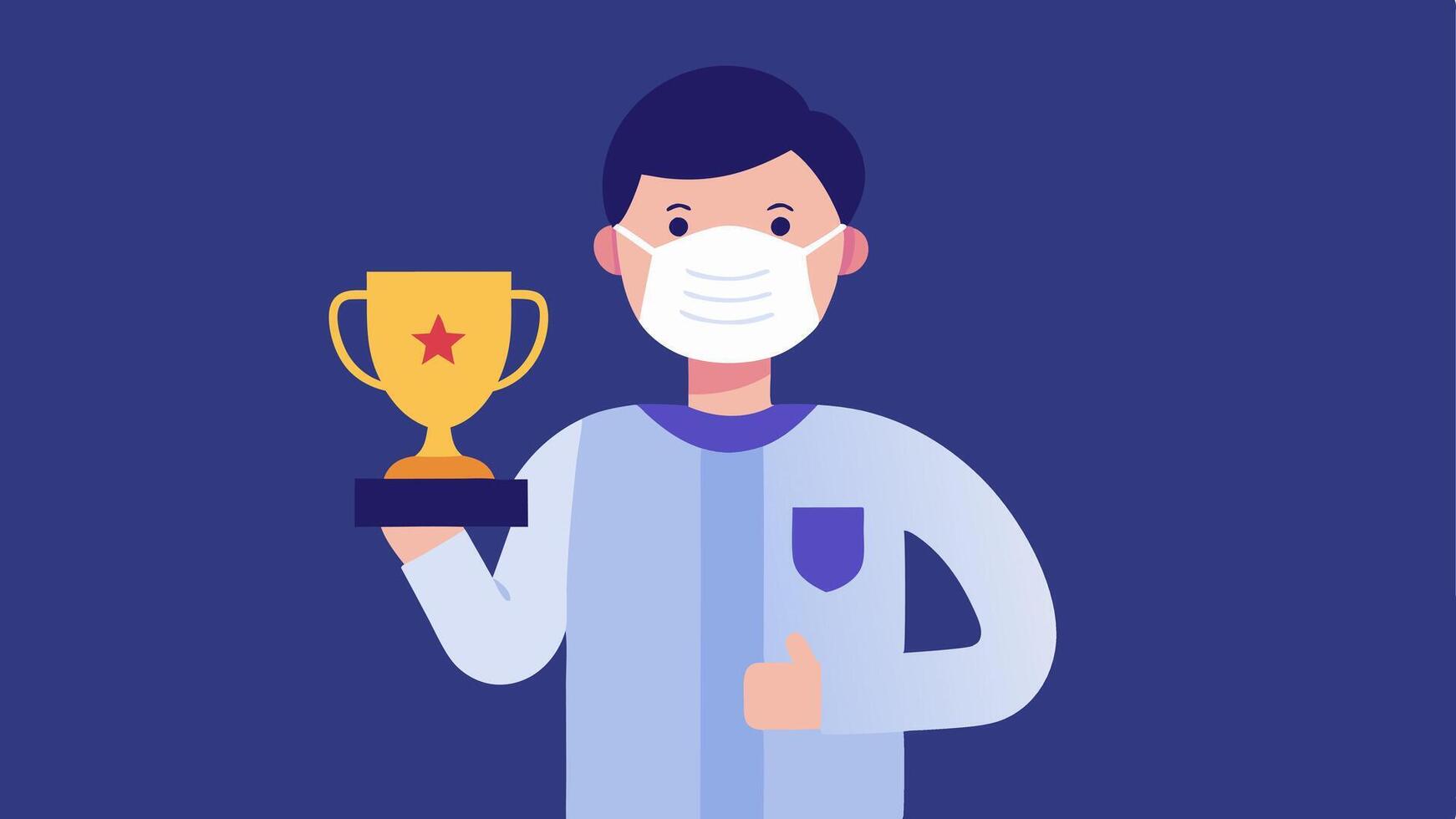 Masked Charity Worker A charity worker wearing a mask while holding a trophy labeled Best Donor Relations symbolizing deceit and an undeserved reputation.. vector