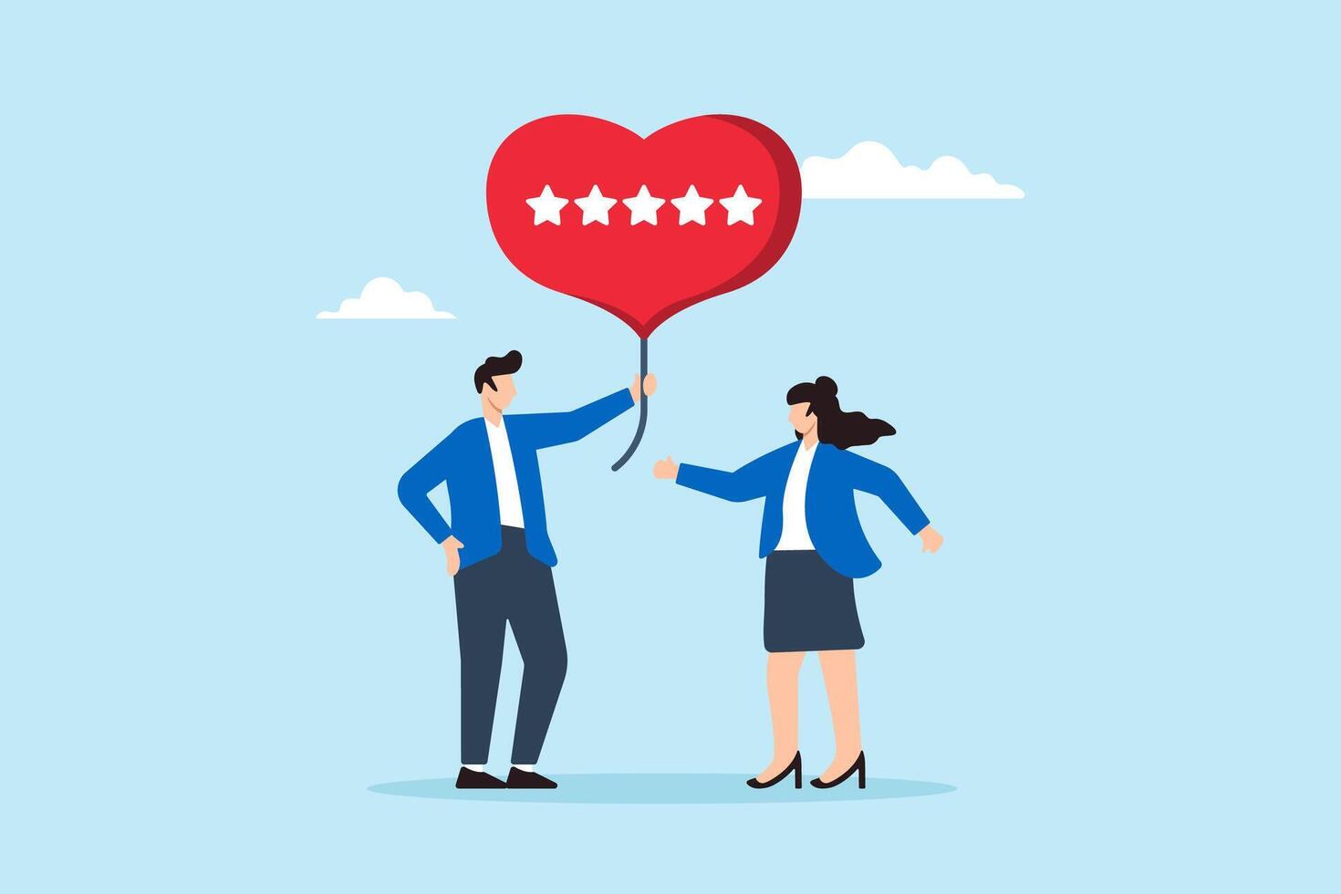 Flat illustration of customer give feedback five star heart balloon symbolizing positive service review vector