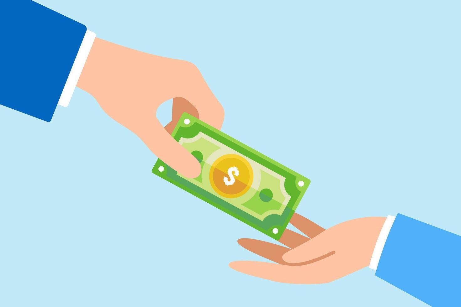Flat illustration of businessman hand money banknote to friend symbolizing borrowing or lending vector