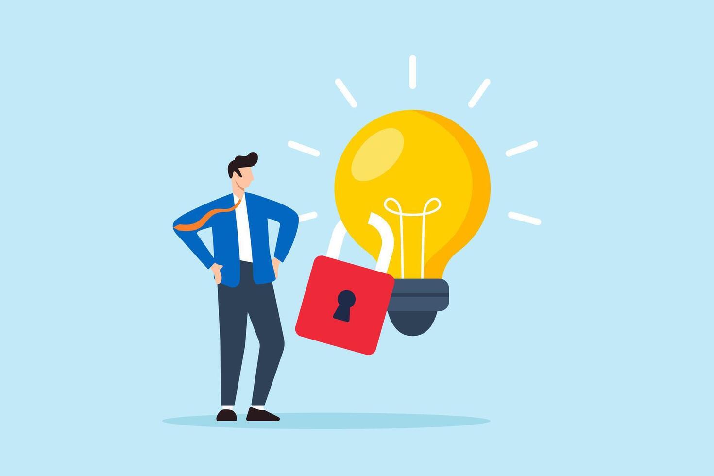 Flat illustration of businessman stand beside locked bright lightbulb symbolizing intellectual property protection vector