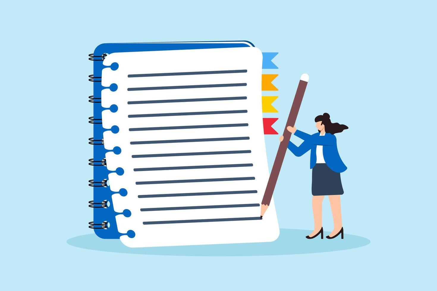 Flat illustration of smart woman hold big pencil thinking and writing content on notepad vector