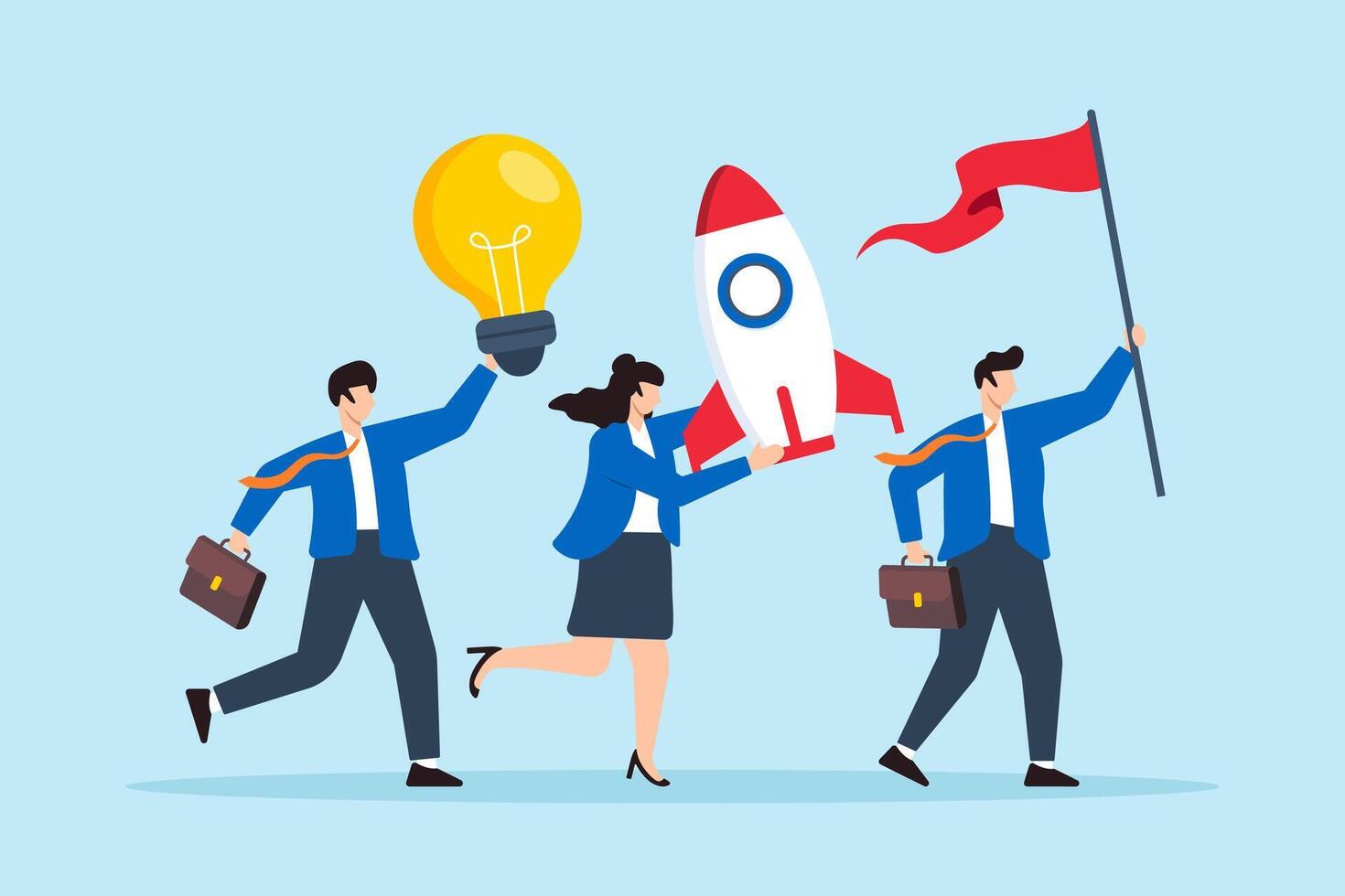 Flat illustration of business people hold winner flag rocket ship and lightbulb idea symbolizing entrepreneurship vector