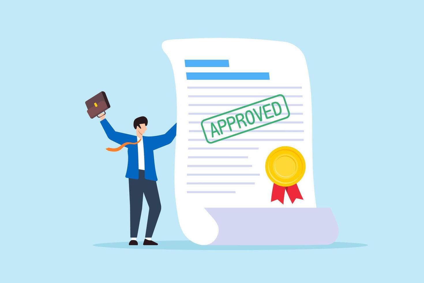 Flat illustration of happy businessman hold approved document stamped with certification seal vector
