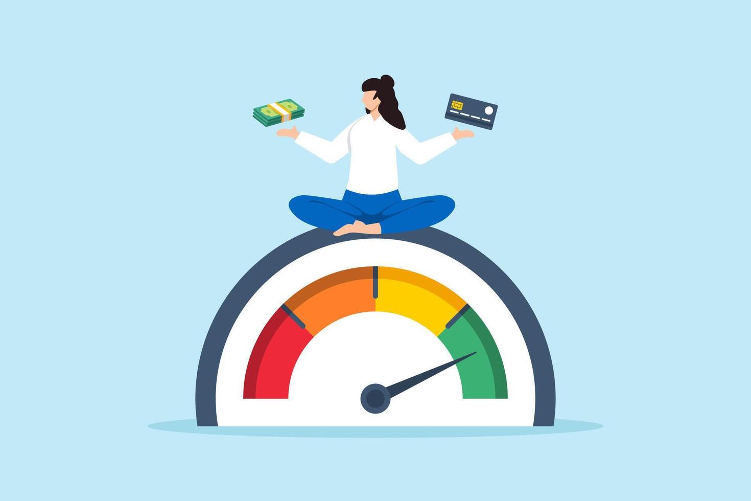 Flat illustration of happy woman hold banknote and credit card sitting above credit gauge with good rating vector