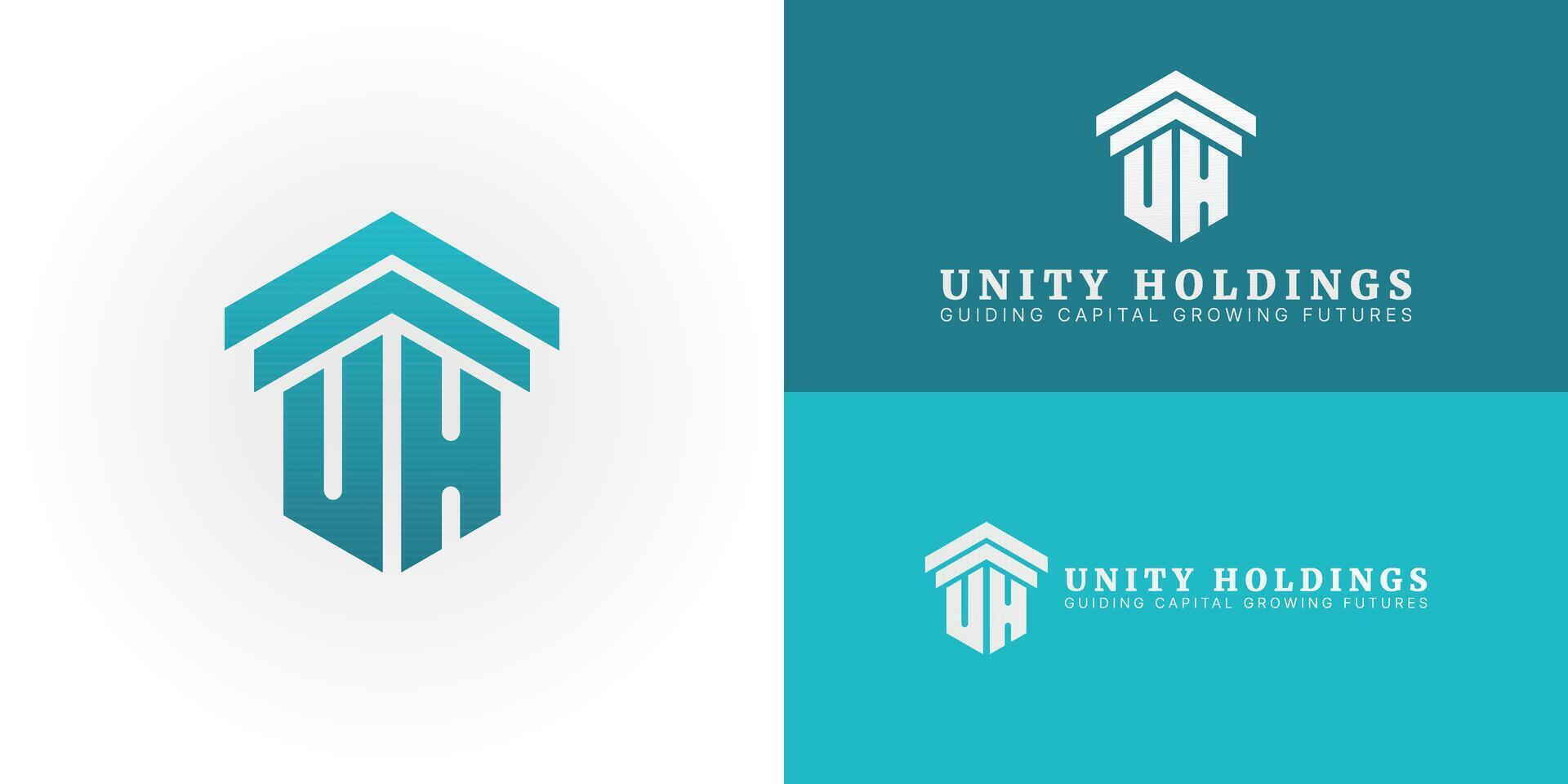 The modern emblem features the interconnected initials UH within a secure hexagonal frame, topped by upward-pointing arrows. Designed for the finance and investment sector, the logo conveys growth vector