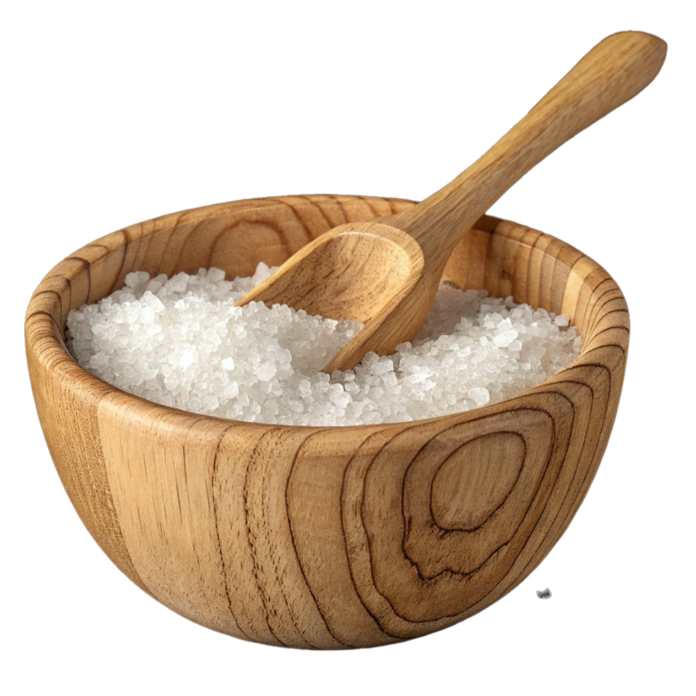 Wooden bowl of salt with wooden spoon isolated png