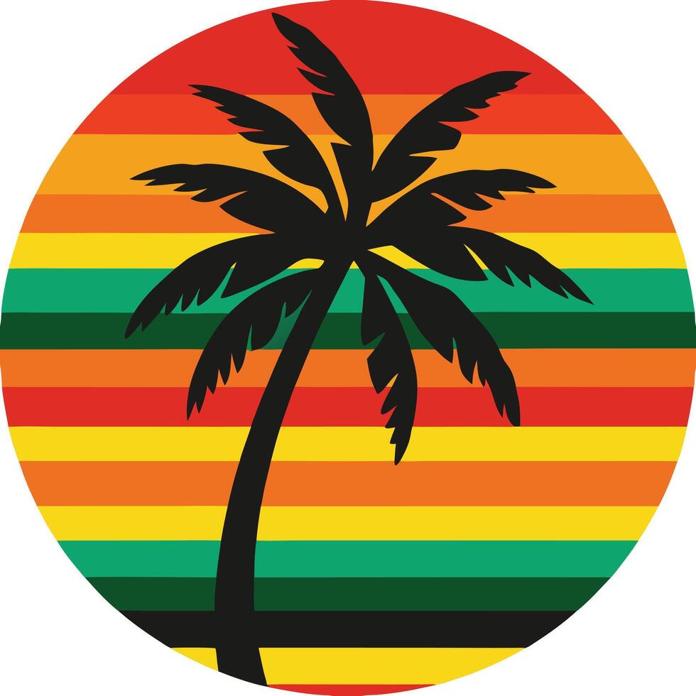 Tropical Palm Tree Silhouette Against Colorful Striped Sunset Circle Background vector