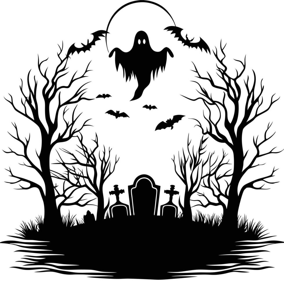 Spooky Ghost Scene With Bats And Graveyard Silhouette Illustration vector