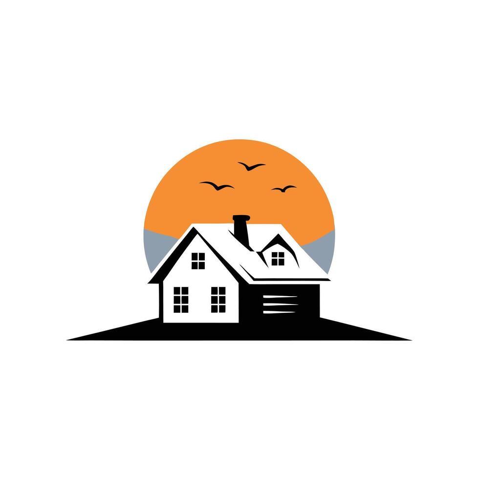 Simple House Silhouette With Birds And Sun Icon Design vector
