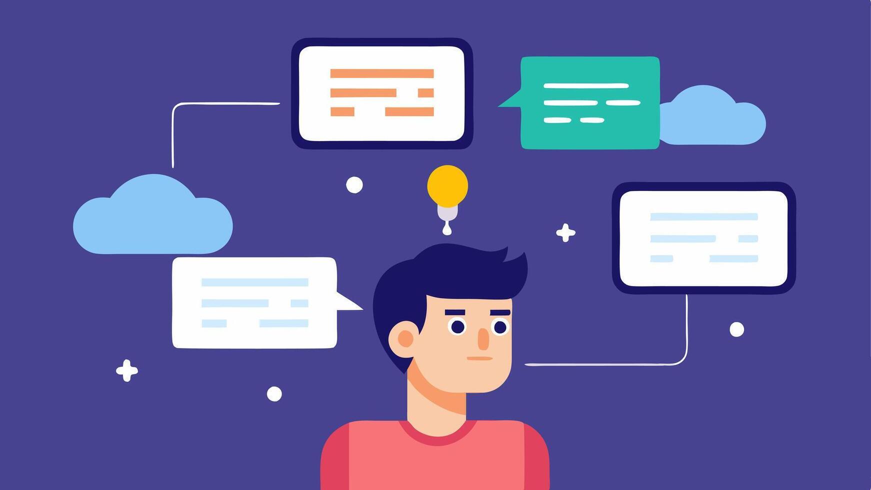 Code Suggestions A graphical representation of code bubbles floating above a programmers head with an AI figure next to them showcasing live coding suggestions.. vector