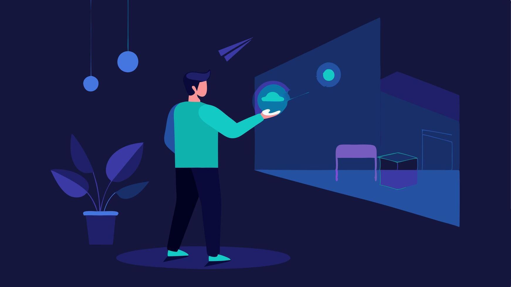 Lighting Design Visualization An interior designer using AR to experiment with different lighting effects in a model of a room with luminous graphics illustrating how light. vector