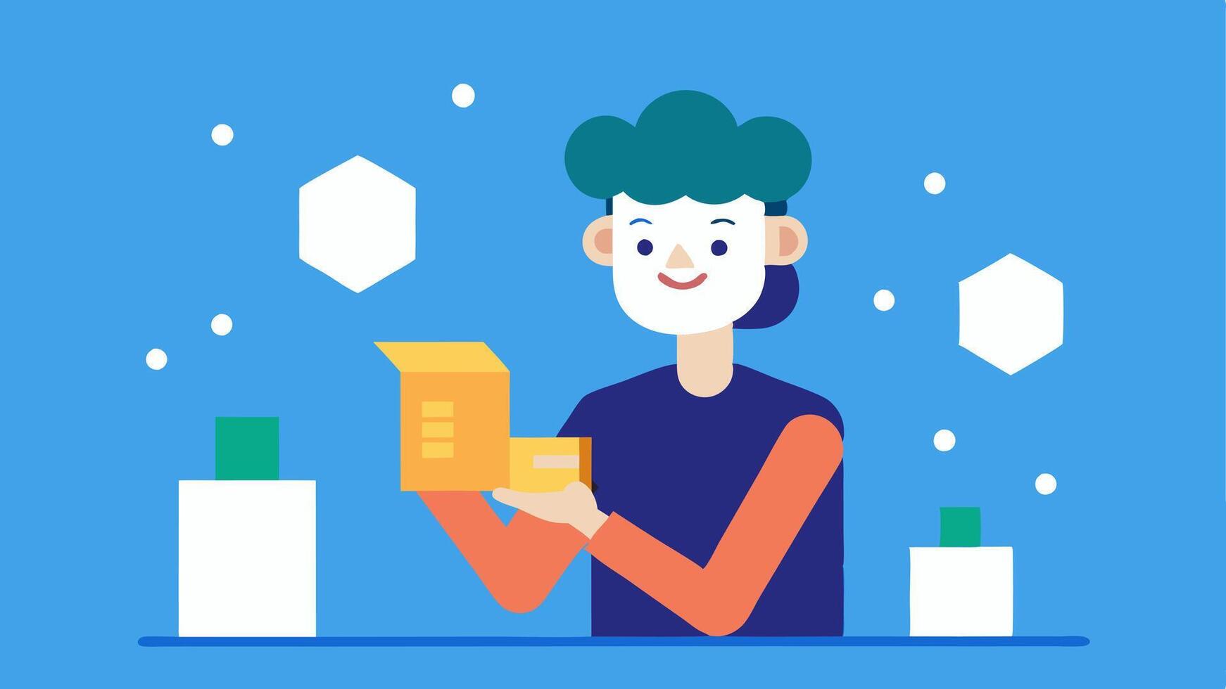 Consumer Trust An illustration of a happy consumer reading a food label with digital blocks hovering above it symbolizing the trust gained through blockchain transparency.. vector