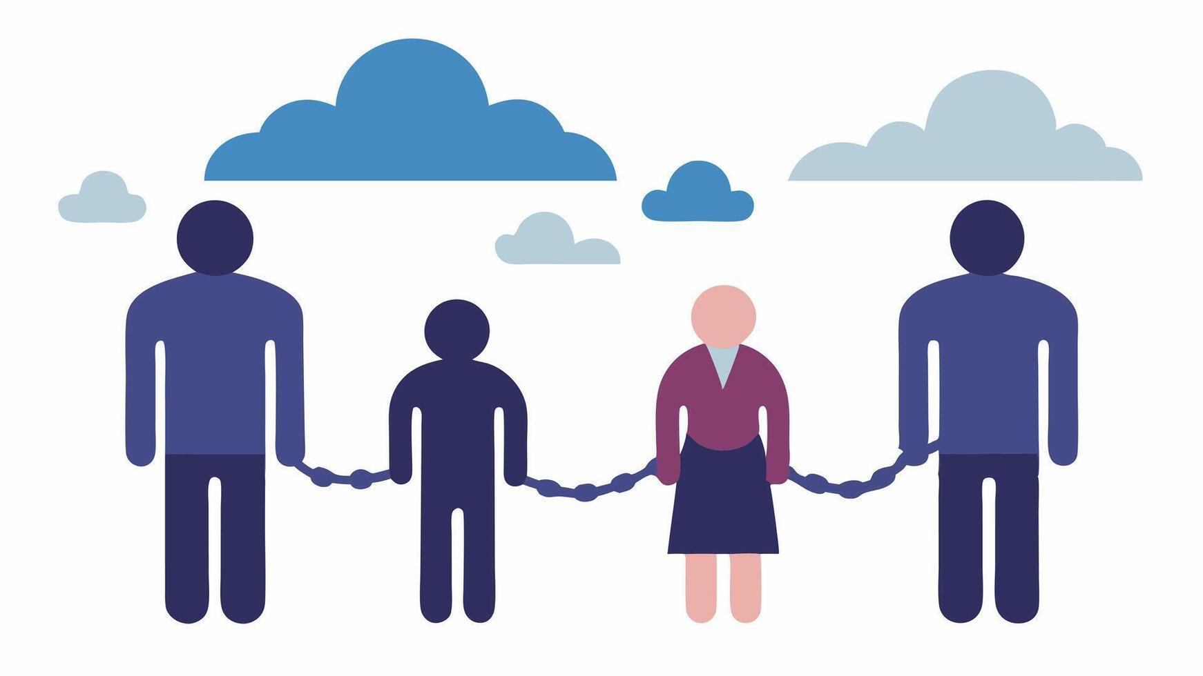 Chains of Pain A visual of chains connecting different family members grandparents parents children with the chains made of dark clouds representing trauma.. vector