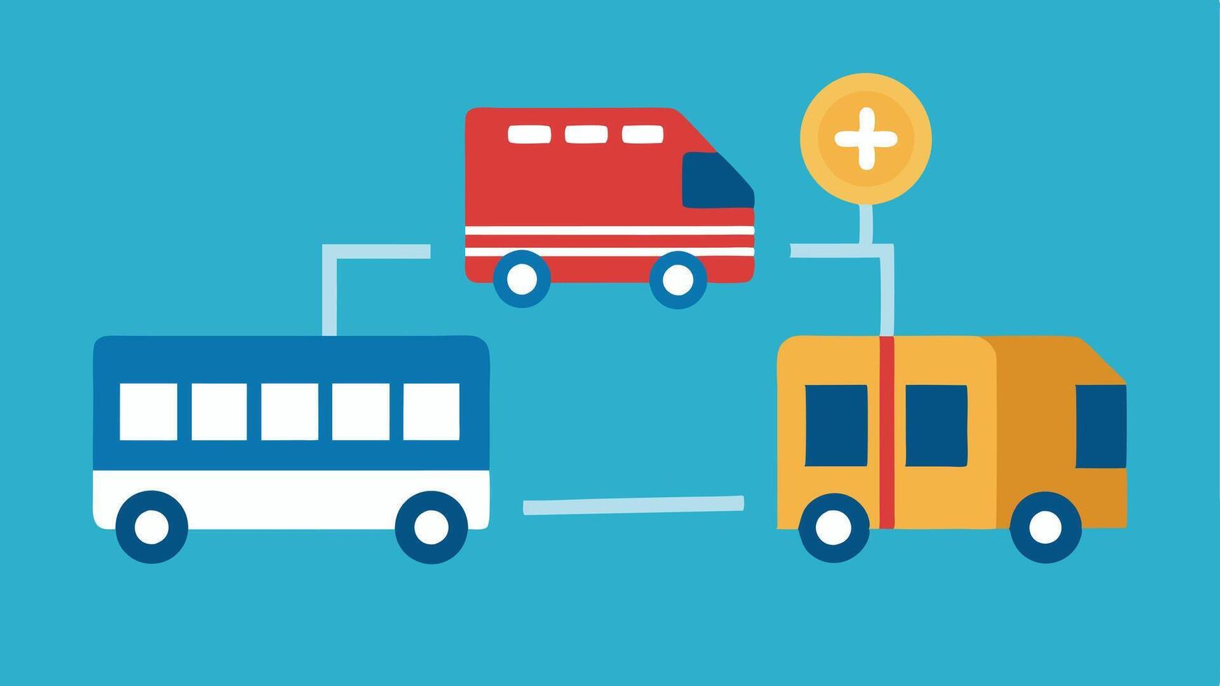 Transportation Barrier A graphic showing a bus going to a wellfunded hospital with several stops while a smaller dilapidated bus goes to a basic clinic with only one stop.. vector