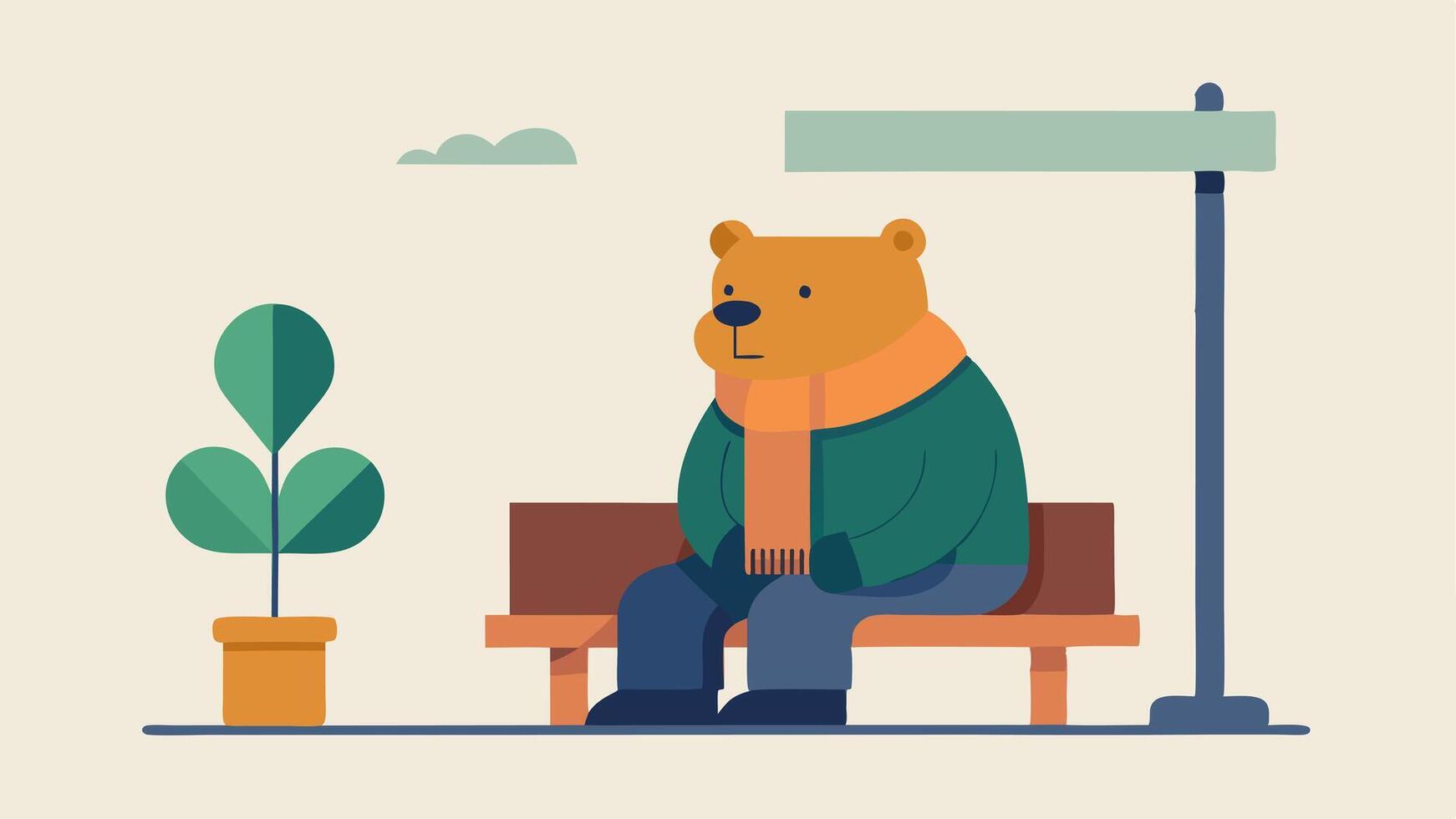 Mood Setting The bear sits on a bench at the bus stop leaning back with a relaxed demeanor. The jacket and scarf are richly colored and the bears eyes are halfclosed suggesting a. vector