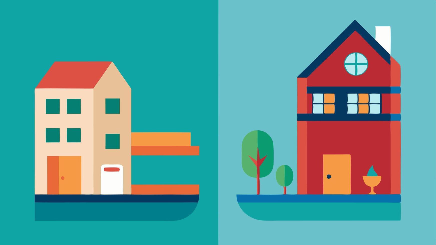 Household Comparison On the left a spacious mansion with a swimming pool and on the right a small cramped apartment with a single window showcasing living standards.. vector