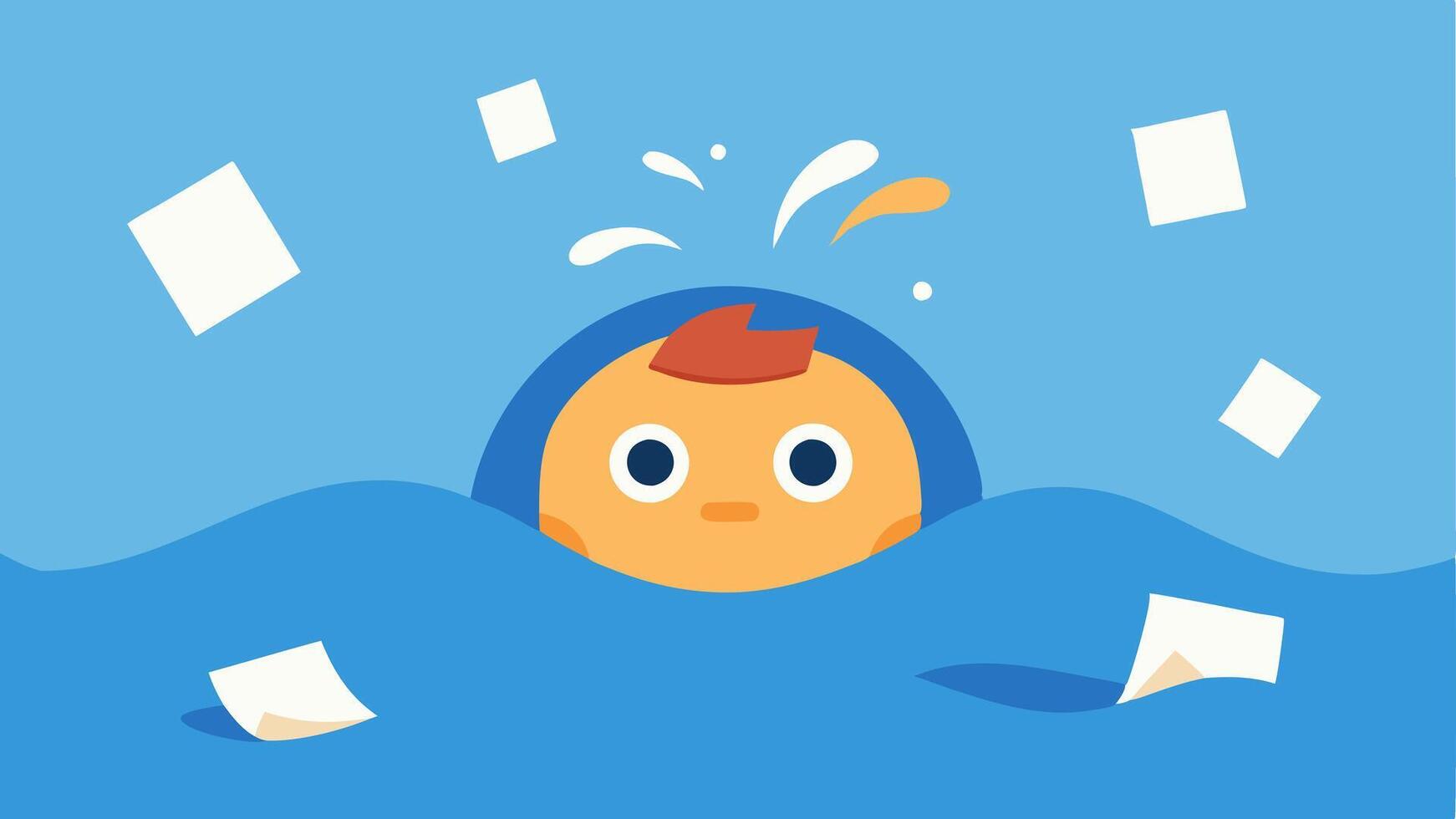 Paper Ocean A figure is depicted in a whimsical cartoonish ocean made entirely of sheets of paper. The characters head is ly peeking out above the swirling chaotic waves of. vector
