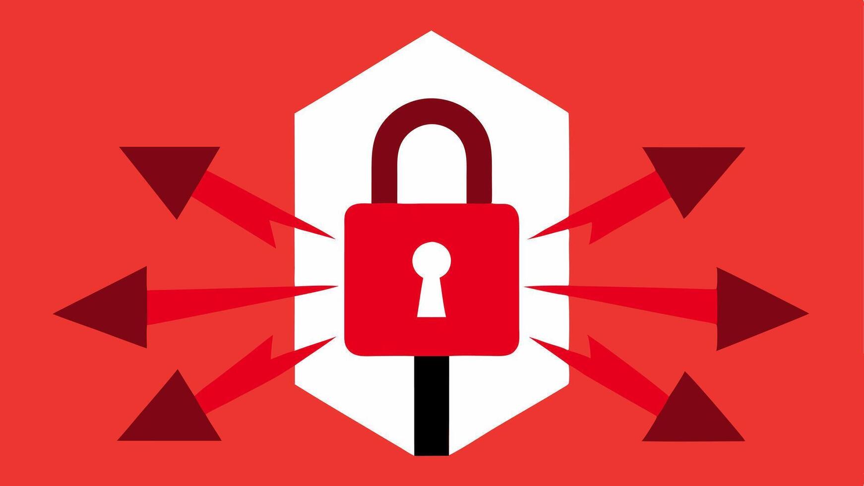 Cyber Attack Prevention A series of red arrows trying to trate a barrier illustrated as a powerful lock demonstrating the concept of preventing cyber attacks.. vector