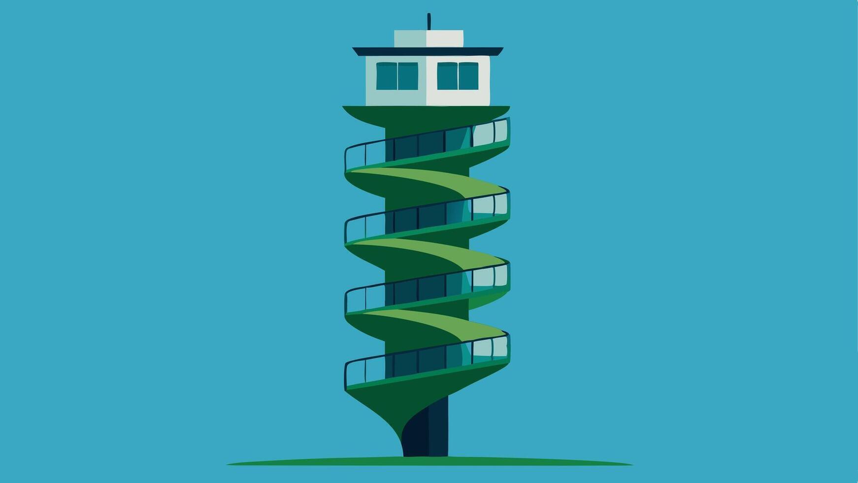 GravityDefying Spiral Tower A tall slender tower spirals upwards in an impossible fashion. The building twists as it rises with flat sections extending horizontally at irregular. vector