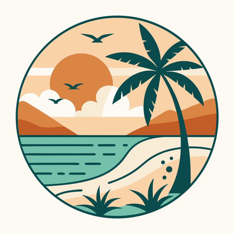 Tropical Beach Scene With Palm Tree And Sunset Illustration vector