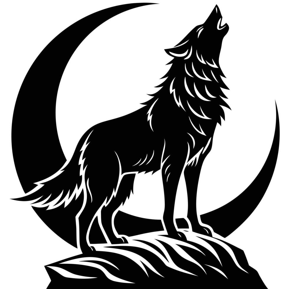 Black Wolf Howling On Rock With Crescent Moon Silhouette vector
