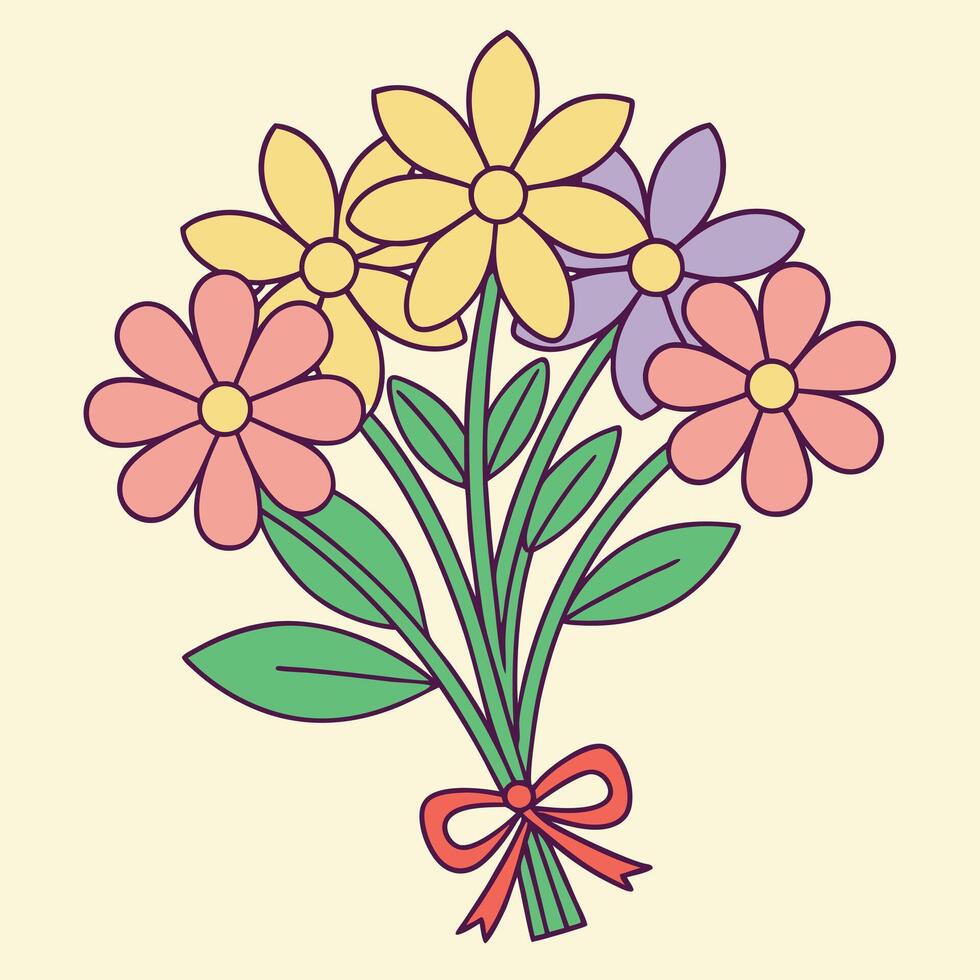 Colorful Cartoon Flower Bouquet With Ribbon Illustration vector