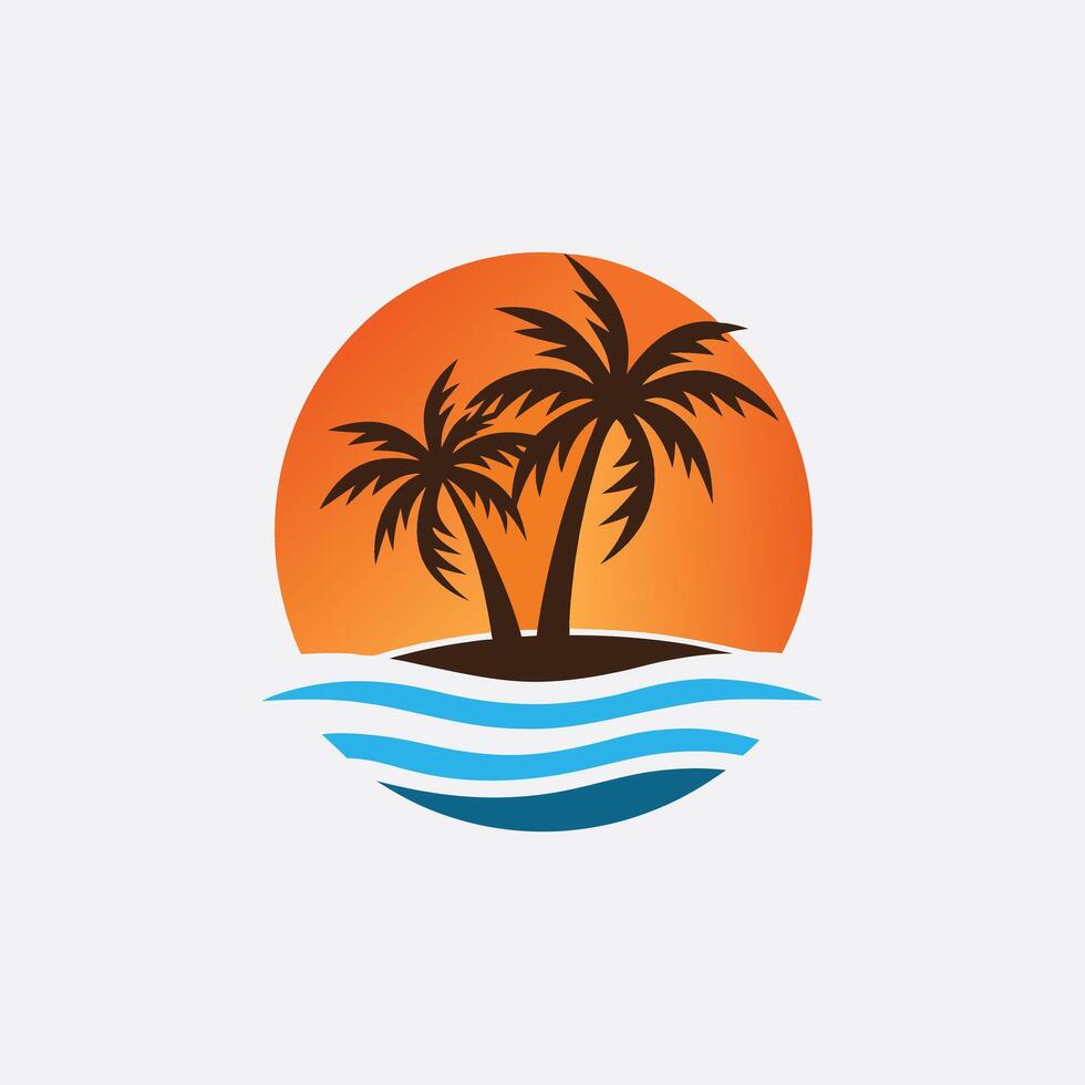 Tropical Island Sunset With Palm Trees And Ocean Waves In Circular Logo vector